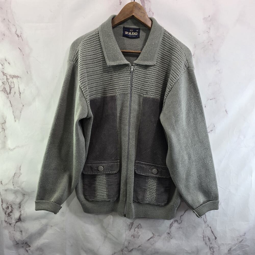 Vintage Wool Sweater Mens Large Gray Zip Cardigan Corduroy Collared